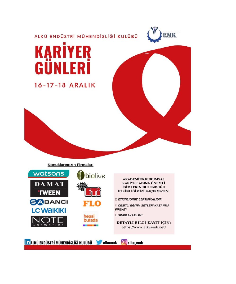 alku_emk's tweet photo. 16-17-18 Aralık Kariyer Günleri etkinliğimize ilgi duyan herkes davetlidir☺️. Çeşitli eğitim setleri kazanabilme şansınızın olacağı etkinliğimiz aynı zamanda sertifikalıdır⭐. Başvurular https://t.co/qvX7u6R1Or' te. Katılımlar sınırlı sayıdadır!! #mühendis #alkü https://t.co/x2TGfwmSpQ
