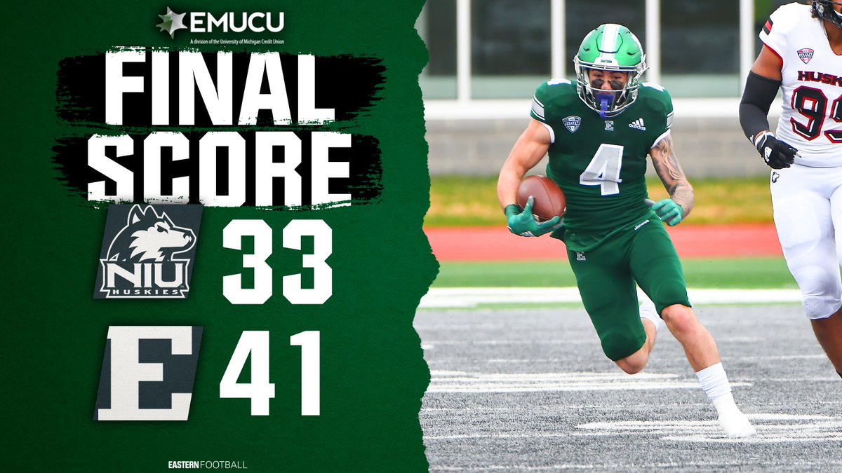 EMUFB's tweet photo. FINAL

NIU 33, EMU 41

The Eagles pick up their second win of the season as @hbeydoun24 records his 4th career game of 100+ receiving yards

Full recap to come...

#EMUEagles | #ETOUGH | #BREAKTHROUGH https://t.co/FKiKKDD6ws
