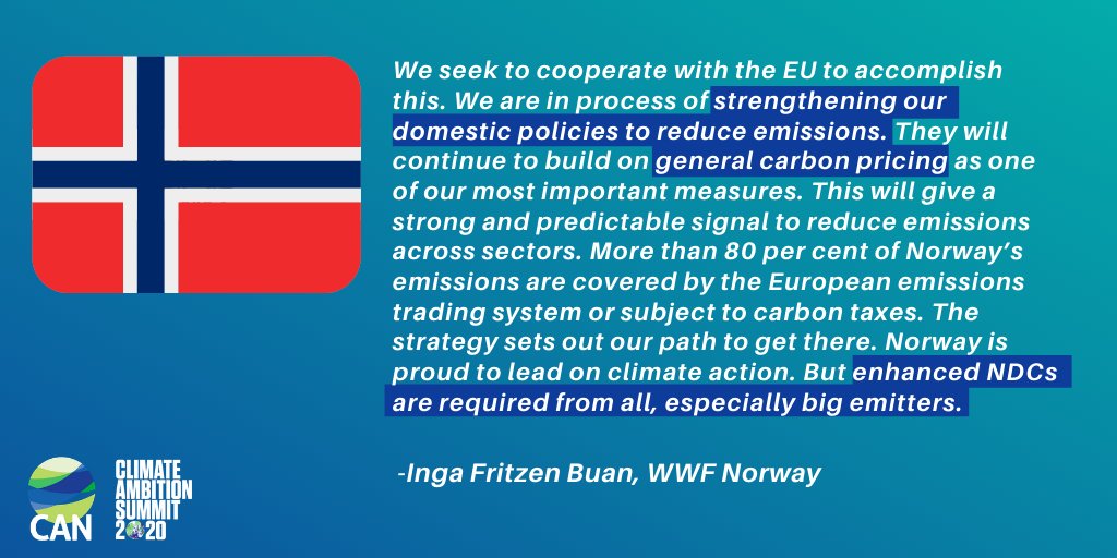 Norway: Cutting emissions by at least 50% by 2030, aiming towards 55% below 1990 levels, with general carbon pricing. “Norway is proud to lead on climate action. But enhanced NDCs are required from all, especially big emitters” -IInga Fritzen Buan  @WWFNorge #ClimateAmbitionSummit