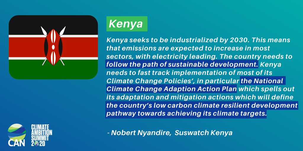 As Kenya is set to become industrialised by 2030, the National Climate Change Adaption Action Plan will "define the country’s low carbon climate-resilient development pathway towards achieving its climate targets"- Nobert Nyandire,  @Suswatch_Kenya #ClimateAmbitionSummit