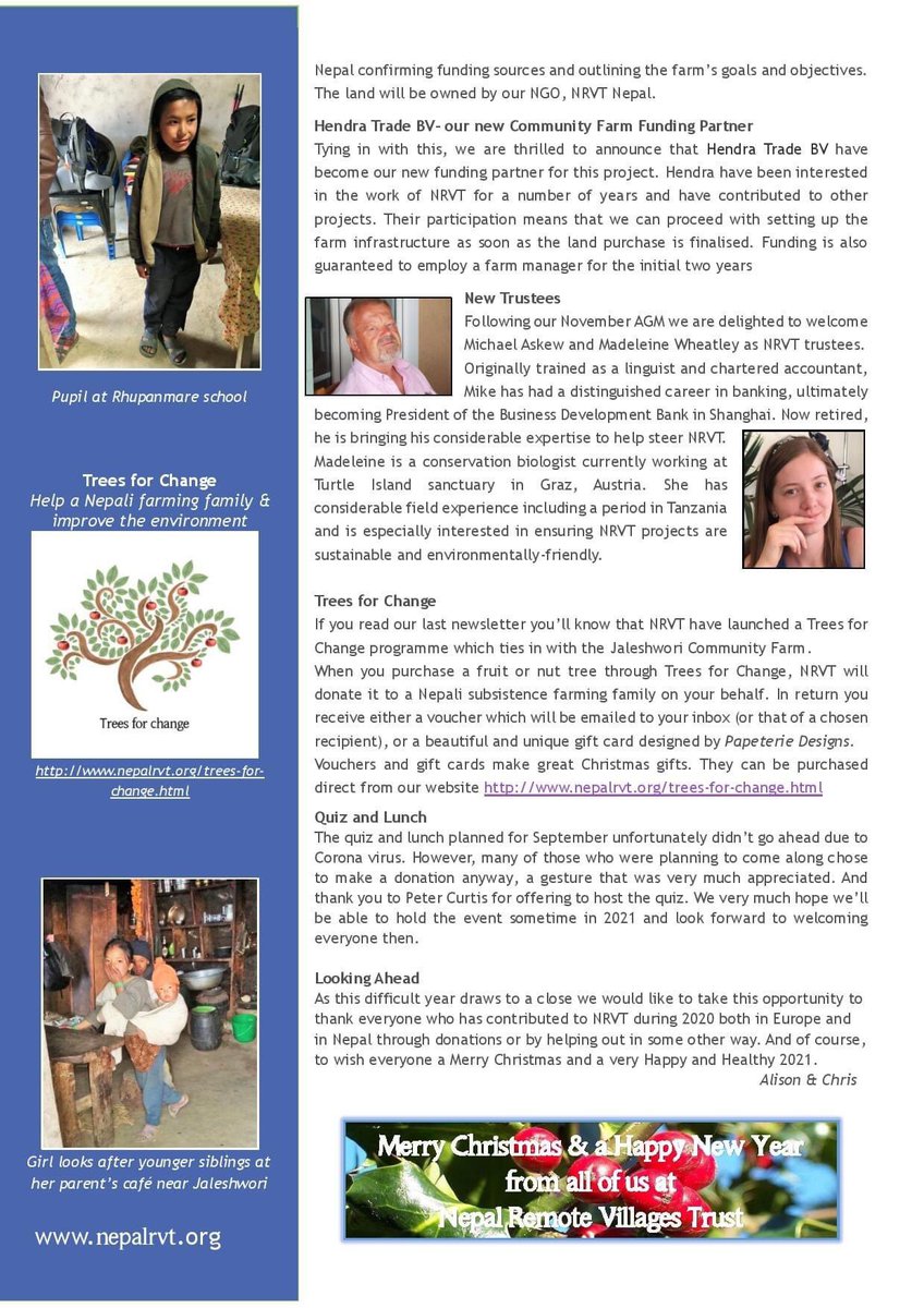 Nepalrvt's tweet photo. Christmas newsletter hot off the press. Enjoy the read. 
If you would like it delivered direct to your inbox along with other occasional snippets of NRVT news, please message us. Merry Christmas 🎄 @fanuet @NepaliTimes #Nepal #sustainabledevelopment #newsletter #nepalnonprofit https://t.co/jwJV5kRxPd
