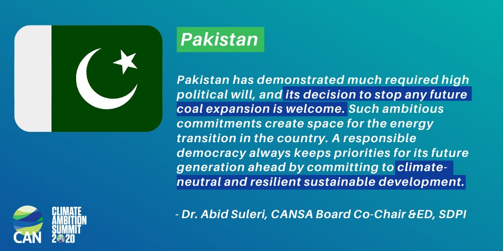 Pakistan's announcement to stop any future coal expansion is an ambitious commitment that will lead us to a path of resilient sustainable development for generations to come, says Dr. Abid Suleri,  @CANSouthAsia Board Co-Chair and ED of  @SDPIPakistan  #ClimateAmbitionSummit