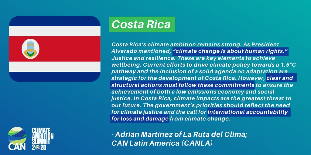 Costa Rica: Has a strong climate ambition but requires "clear and structural actions to follow these commitments" says Adrián Martínez of  @larutadelclima  @CAN_LA_ who also called for international accountability for  #lossanddamage. #ClimateAmbitionSummit  #ClimateAction  