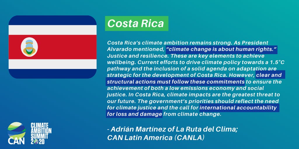 Costa Rica: Has a strong climate ambition but requires "clear and structural actions to follow these commitments" says Adrián Martínez of  @larutadelclima  @CAN_LA_ who also called for international accountability for  #lossanddamage. #ClimateAmbitionSummit  #ClimateAction  