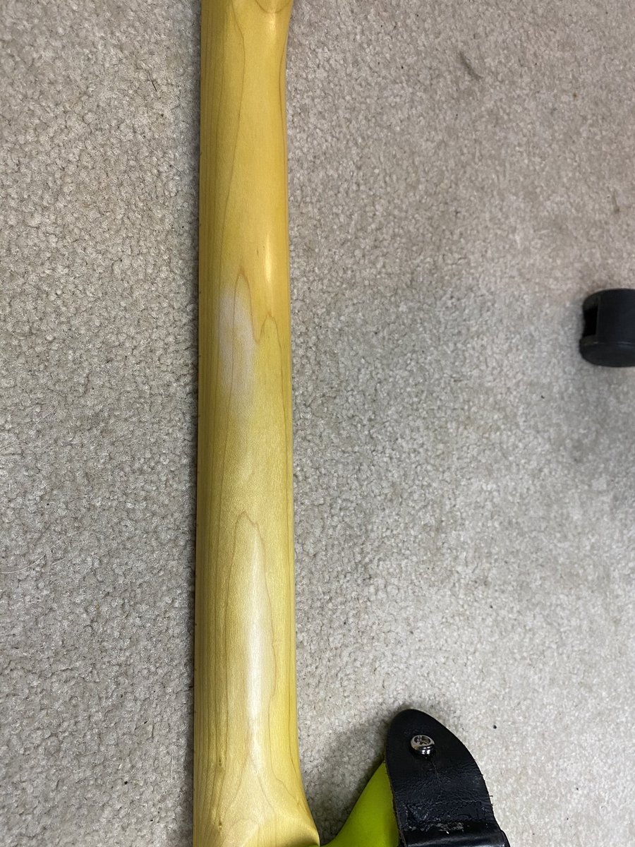 TheMilksteak's tweet photo. @ibanezofficial I just received my yy10 today.  It had black soot all over the fretboard that I cleaned with gorgomyte but after 20 minutes of playing I get this now.  How thin is the neck finish?  Not a complaint, I love it. Just sucks since I’ve waited since feb to get it. https://t.co/QcB2gRZWwH