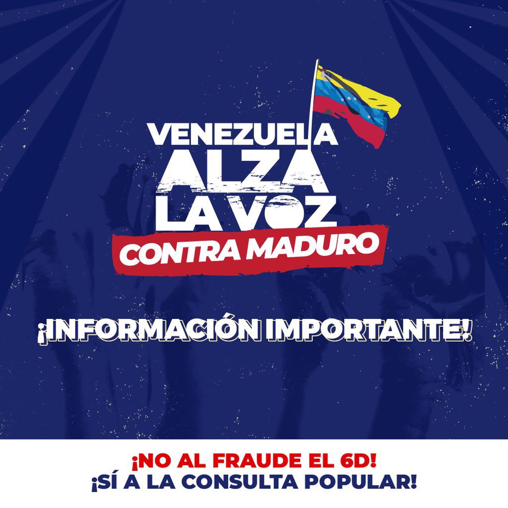 ConsultaPorVzla's tweet photo. #ATENCIÓN 📢

Anuncia el Comité Organizador que los Centros para la Consulta en Venezuela, permanecerán abiertos hasta las 6pm.

Las plataformas digitales también estarán activas hasta esa hora. 

¡AÚN PUEDES PARTICIPAR!

#VzlaEnLaCalleAlzaLaVoz 
#HoyTodosEnLaConsultaPopular https://t.co/RGw6soaEX4