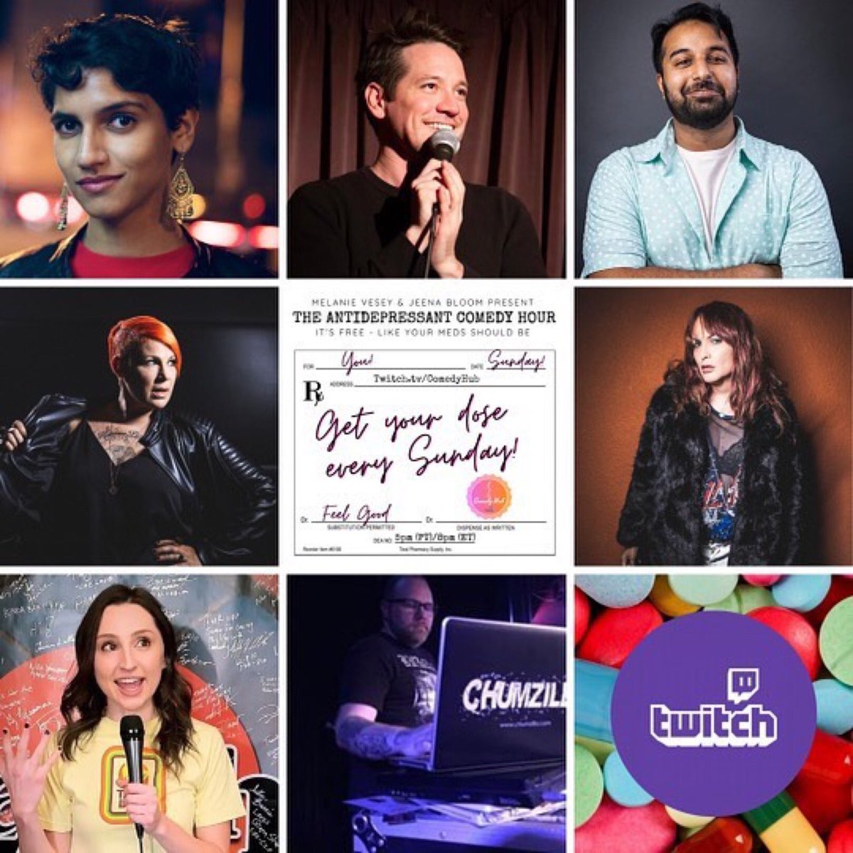 AntiDcomedy's tweet photo. 💊 Get your much needed weekend serotonin with us. 

💊
@PallaviGunalan @BlazeMancillas 
@jeenabloom  
@MelanieVesey @veronicakallday @FatAlladdin 
DJ @ChumZilla! 

💊RSVP➡️ https://t.co/7LJWoFconC 

💊 WATCH on SUNDAY at 5pm (PT) on @ComedyHubLive! https://t.co/OhB5VDx2WX