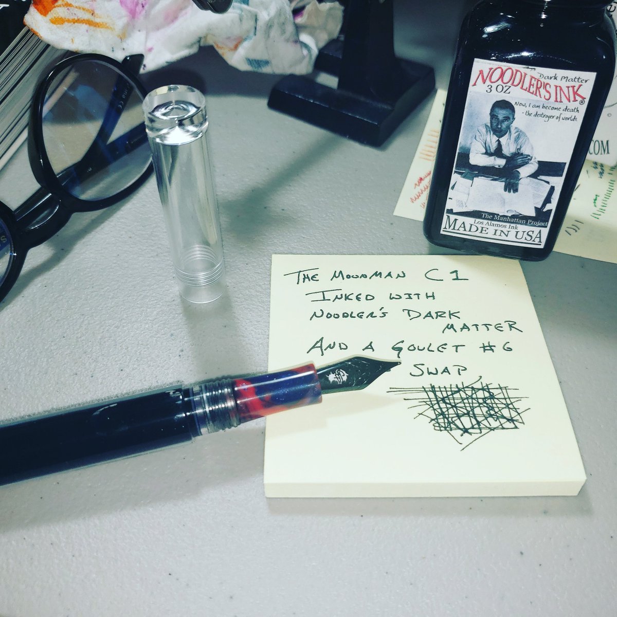 BrandonScott_AU's tweet photo. The Moonman C1, inked with Noodler's 'Dark Matter' and a Goulet #6 nib swap.
@GouletPens @noodlersink @FountainPenJour #moonmanpens #writingcommunity #fountainink #fountainpens #pencommunity https://t.co/6GYFedv8sj