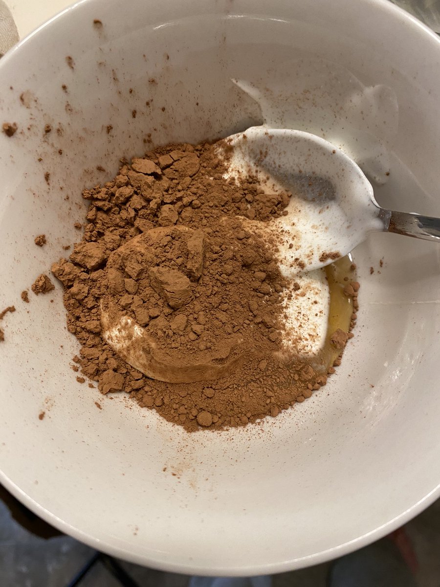 this is honey, cocoa powder and yogurt. It’s a face mask. You can eat it. It smells nice. Smear it on your face with the back of the spoon you used to mix it. Leave it on for two songs. Rinse it off with warm water. If you hate the smell of vinegar you can do this concurrently