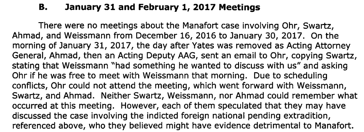 THREAD: Horowitz Report contained under-discussed chapter on bizarre interactions between Ohr, Strzok, Weissmann and Zainab Ahmad during transition, including suspicious Jan 31 and Feb 1 meetings just as resistance was coalescing.
