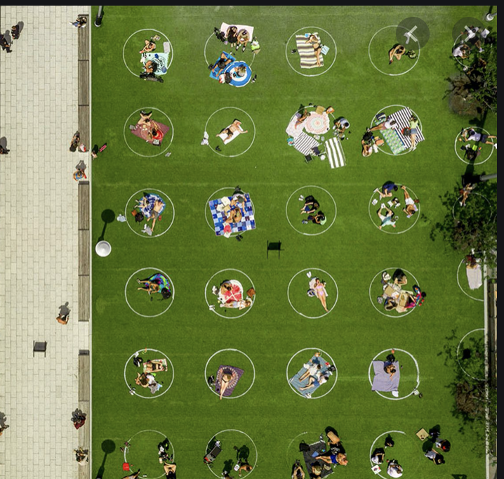 2. Adequate social distancing enforced.Think: tons of space between blankets in concerts in New York's Central Park.Think: really good "traffic patterns" for getting people in and out of locales. Safe entrance/egress designs. Wide lanes. Controlled ushering and movement.