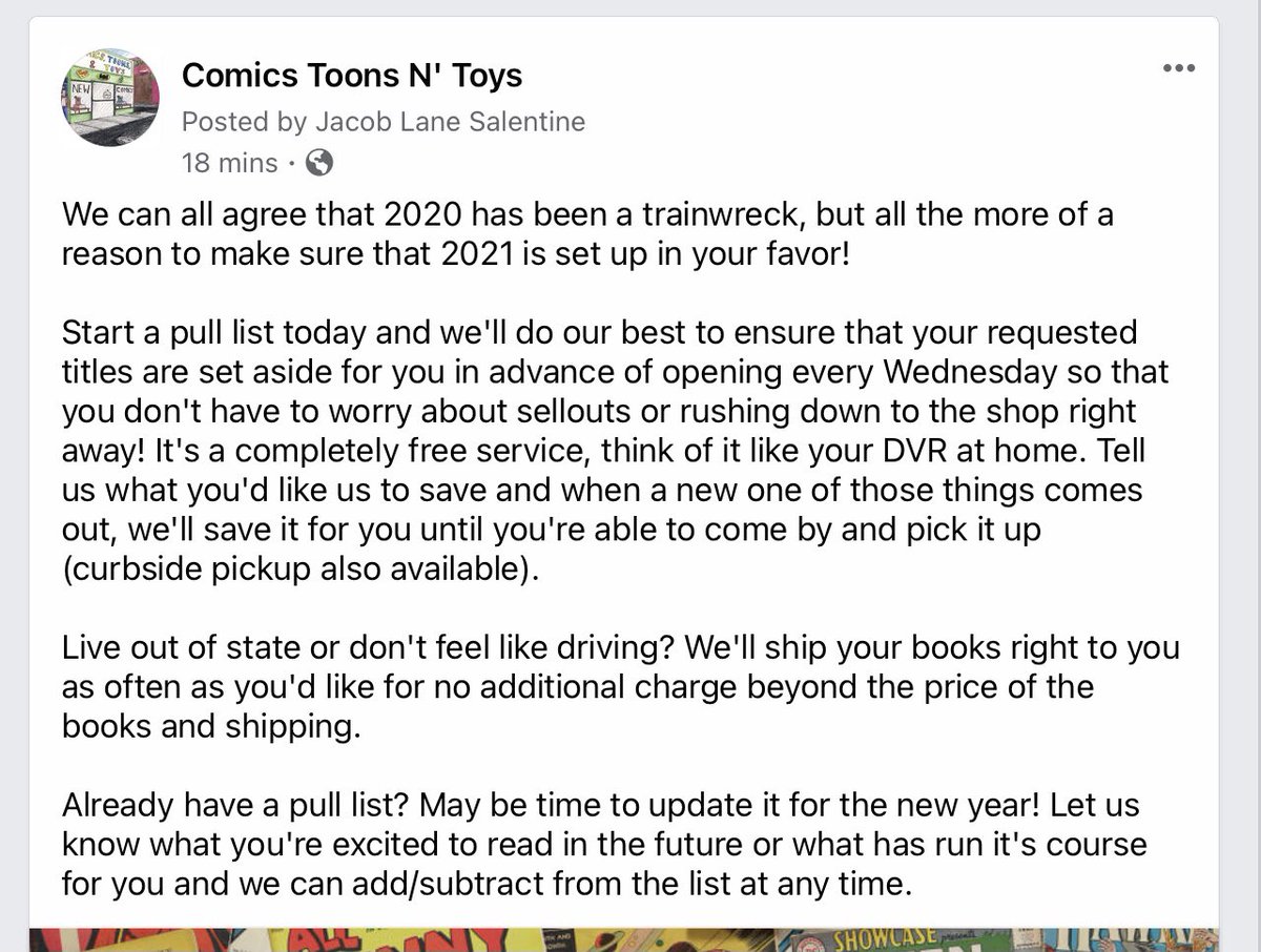 ComicsTnT's tweet photo. We can all agree that 2020 has been a trainwreck, but all the more of a reason to make sure that 2021 is set up in your favor!

Start a pull list today and...(continued on 2nd photo!) #PullList #ComicSubscription #ComicsTnT #TustinCalifornia https://t.co/ip9KcJB5fN