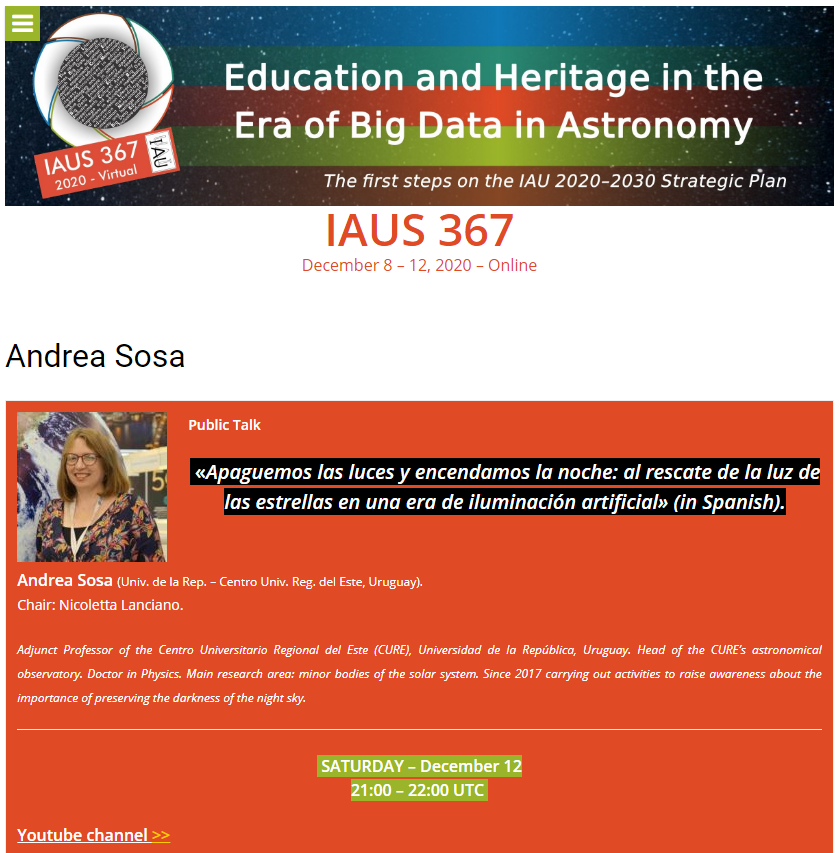 fisicamartin's tweet photo. «Apaguemos las luces y encendamos la noche: al rescate de la luz de las estrellas en una era de iluminación artificial»
Conferencia pública de Andrea Sosa directora del Observatorio Astronómico @CUREoficial y nodo @IAU_Outreach
en #IAUS367 @IAU_org
Ver: https://t.co/LPfyuNh0Xq https://t.co/2d0mRAEkVs