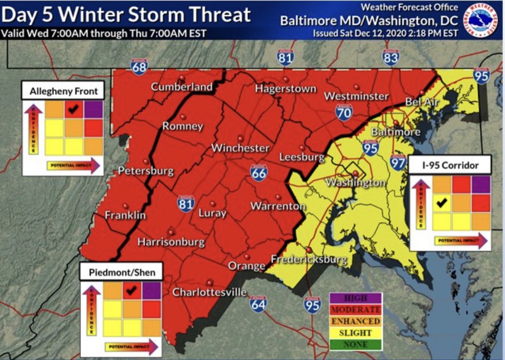 TheMoCoSnow's tweet image. Significant Snow Storm Possible This Wednesday (12/16)

4pm UPDATE: The National Weather Service has increased the level of confidence and possible impact from the “enhanced” to “moderate” zone, which is one step below the most severe– “high”

More here:
mocoshow.com/blog/significa…