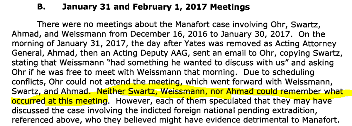 3/ On Jan 31, 2017 - recall that this is period in which attacks on Flynn were drawing blood on the incoming administration - Ahmad and Weissmann asked to see Ohr and Swartz. Ohr didn't attend. But NONE of Swartz, Weissmann, Ahmad "could recall" purpose of this unusual meeting.