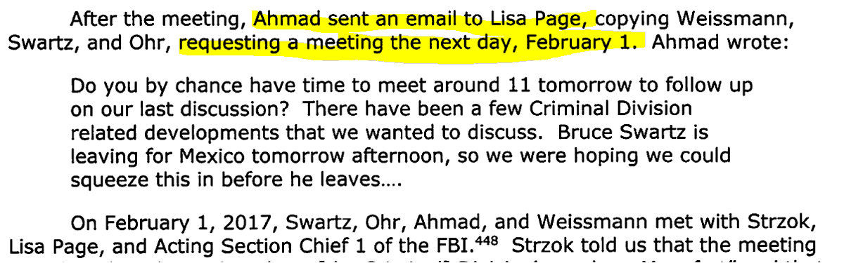 4/ following the meeting (the purpose of which Weissmann, Ahmad purported to forget), Ahmad emailed Lisa Page, urgently seeking meeting the next morning to discuss "Criminal Division developments" that she and Weissmann were later unable to recall