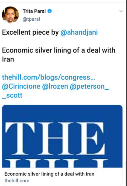 8/ NIAC’s  @tparsi regularly amplified Handjani’s advocacy against pressuring Iran, never disclosing the thousands of dollars that were donated and the inherent conflict of interest. Much of Handjani’s “analysis” has proven demonstrably false