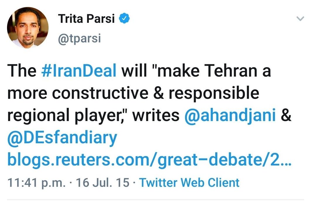 8/ NIAC’s  @tparsi regularly amplified Handjani’s advocacy against pressuring Iran, never disclosing the thousands of dollars that were donated and the inherent conflict of interest. Much of Handjani’s “analysis” has proven demonstrably false