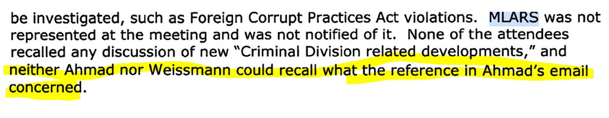 5/ Horowitz asked both Weissmann and Ahmad about the "Criminal Division developments" that they wanted so urgently to discuss with Page and Strzok, but sadly neither of them "could recall".