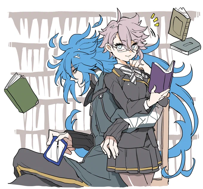 【女体化】図書館にて。目があったモブ(モストロ常連)に「どうも」ってするアズ子とヒマしてる彼氏 