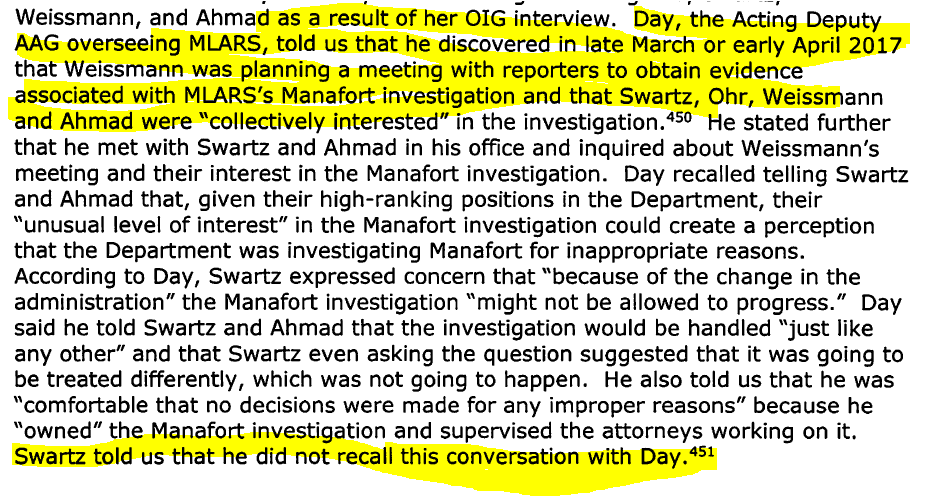 10/ Kendall Day told OIG that he discovered rogue operation by Swatz, Ohr, Weissmann and Ahmad in April 2017 when he learned that Weissmann was meeting with reporters to obtain evidence related to "MLARS' Manafort investigation" - in which Weissmann was meddling.