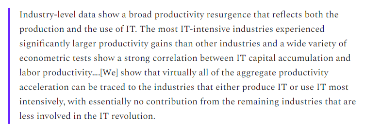 7/But after 10-15 years, productivity growth *somewhat* came back! Computers and IT drove the resurgence, which started in the late 80s and lasted through 2004. https://www.chicagofed.org/publications/chicago-fed-letter/2003/september-193