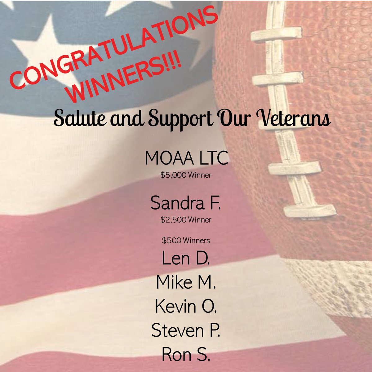 ...Drum Roll Please... And the winners are...

Congratulations to the all the  winners, and thank you to everyone who supported the Salute and Support Raffle! That's a wrap!