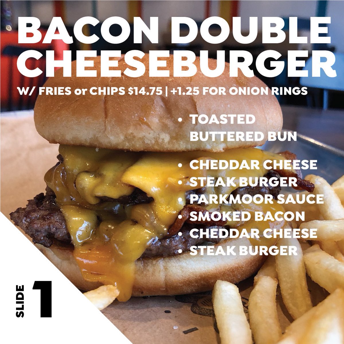 theparkmoor's tweet photo. EYE TEST : slide 1 or slide 2? Which looks better? If the eyes are the window to your...stomach, then take a look at these. Hmmm, tough call! Whichever you pick, we’d love to see you curbside tonight! Til 8p. #whatsfordinner #bacondoublecheeseburger #crispychick #friedchicken https://t.co/j8QvcqYS27