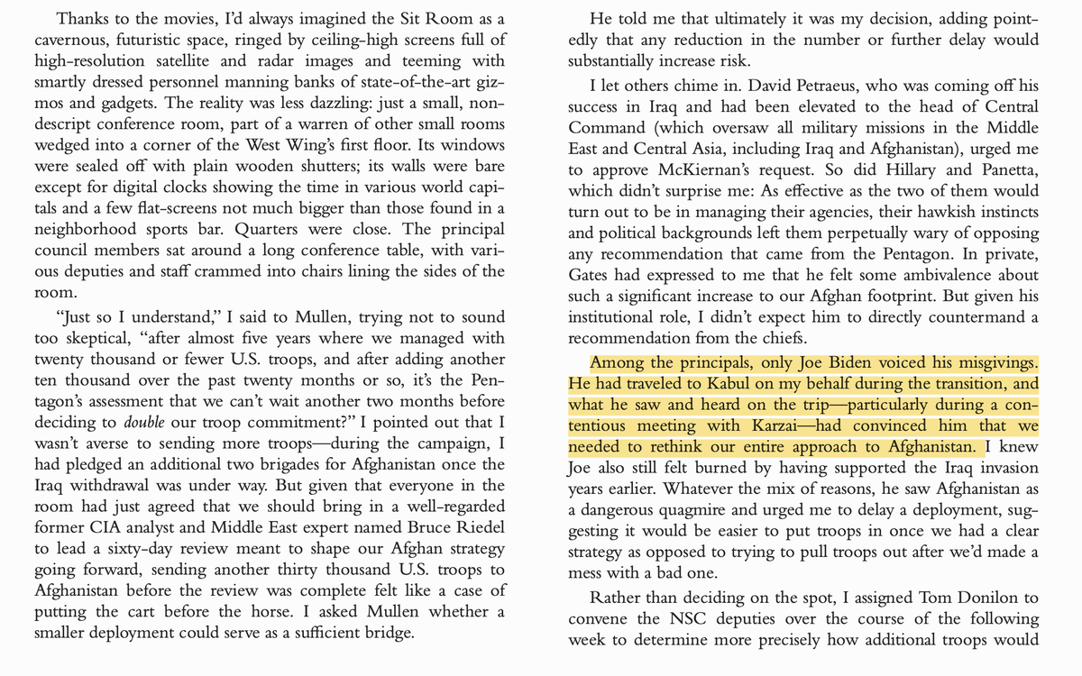 Obama on the Afghanistan surge. The military demanded more troops, and “among the principals, only Joe Biden voiced his misgivings." If Biden had his way, the American ground presence in Afghanistan might've ended a decade ago.