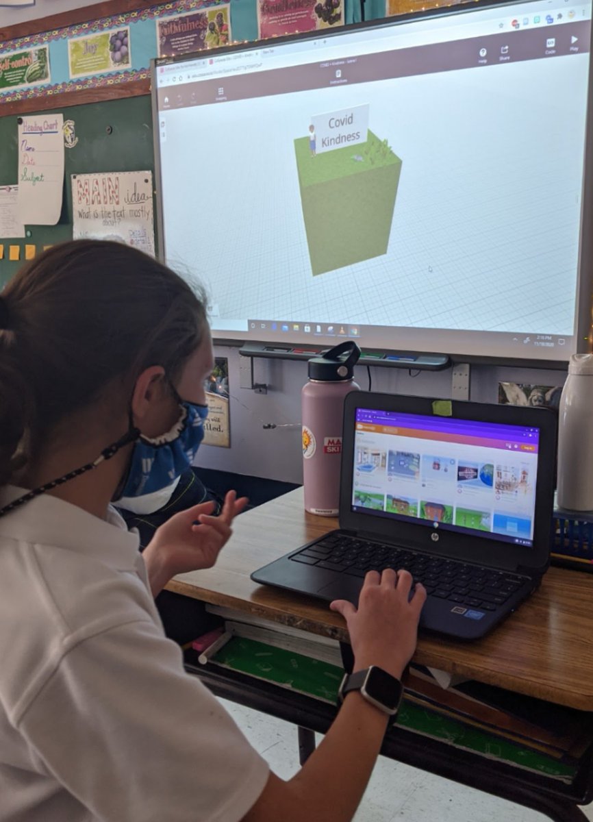 COVID + Kindness: 5th graders applied new research knowledge to identify ways to spread kindness during the pandemic then used @CoSpaces_Edu in collaborative groups to design an <a href="/MergeVR/">Merge</a> experience inspiring others to remember #kindess as we navigate a global pandemic #PBLnow