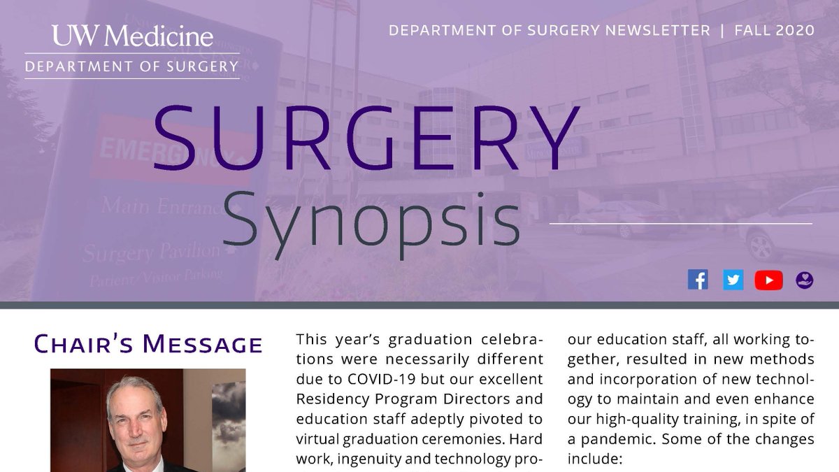 UWSurgery's tweet image. .@UWSurgery's 2020 Fall #SurgerySynopsis issue—features: Diversity in DOS, new residents and fellows, new faculty, faculty promotions, Strauss Lecture/Harkins’ Symposium, Clinical Highlight-Thoracic Aortic Program, #GETTINGTOKNOW @CalhounKristine and more! bit.ly/3qQ76Zr