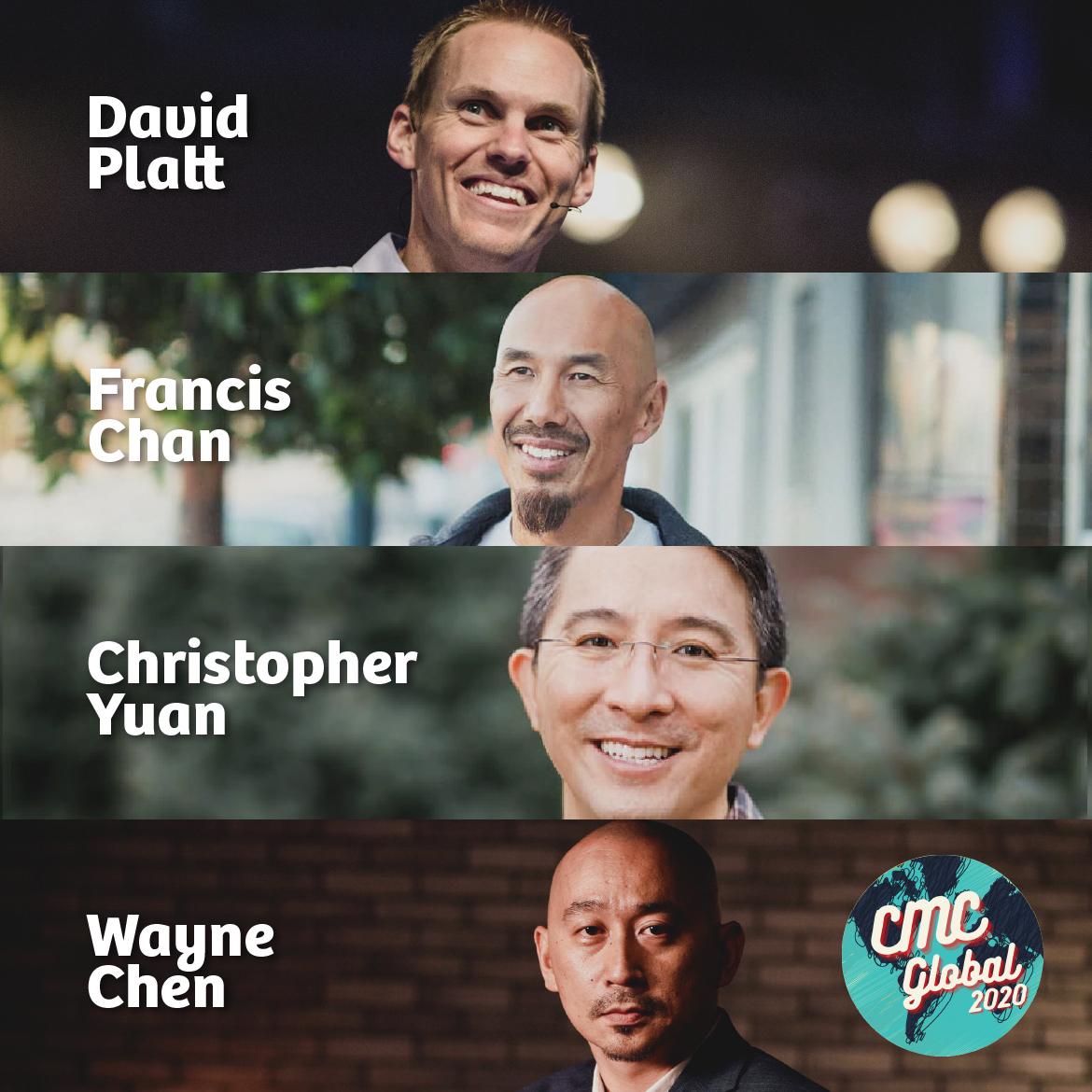 afc_cmc's tweet photo. Check out our amazing speakers🎙️this CMC!
We know we will be blessed by their words of wisdom.
Join us this year, tix are $25! Link in bio ⬆️
#CMCGlobal2020 #RethinkTheGospel #WayneChen @christopheryuan @crazylove @FollowRadical @plattdavid @francischanfans @FrancisChanFan https://t.co/hp4W9nYCdF