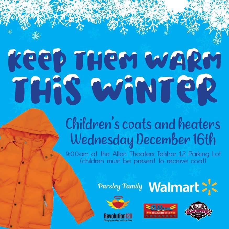 KEEP EM WARM THIS WINTER! 

Coat and heater give away on Wednesday, December 16th

Allen Theaters Telshore 12 parking lot 

9:00 am 

Please share so we can get as many warm as we can!!