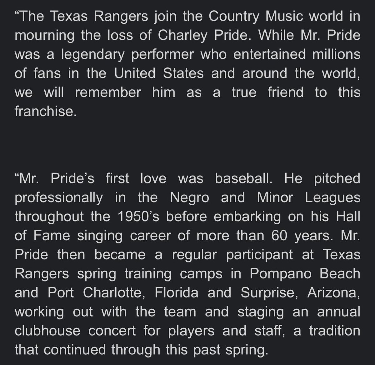 ThreeTwoEephus's tweet photo. Rangers’ statement on Charley Pride (photos by @KellysPics) https://t.co/CC784AhApg