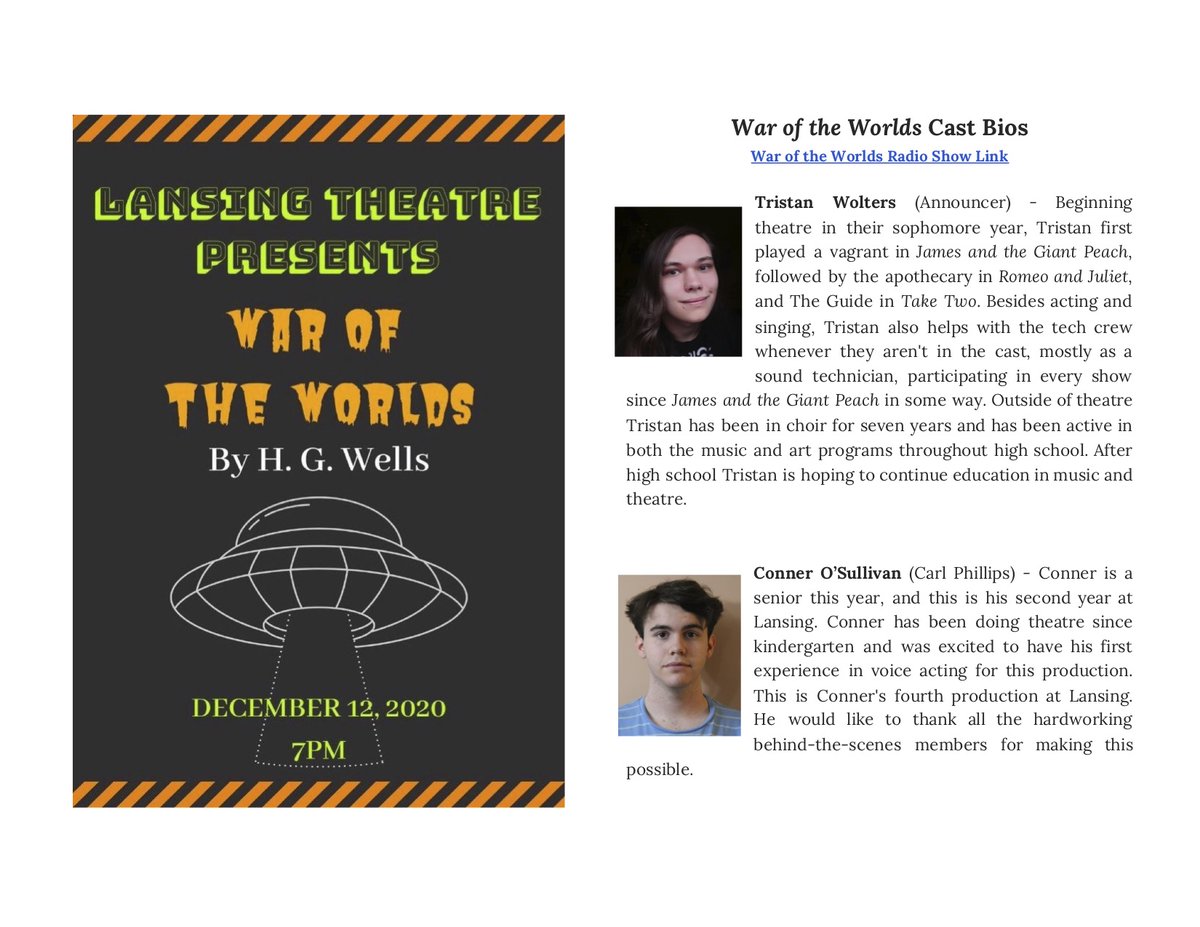 We are so excited to share our Radio Show with you! It opens tonight at 7 on the Lansing High School Broadcasting YouTube Channel. Here is the War of the Worlds Program with a link to access Radio Show. Enjoy the show!