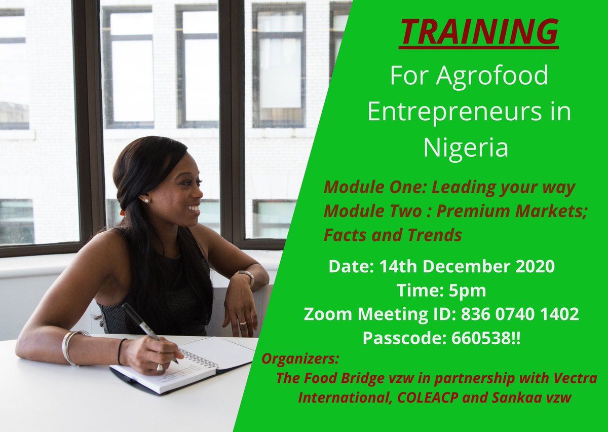 Foodbridge's tweet photo. Introducing a training for Nigerian agrofood entrepreneurs.
Selected agrofood entrepreneurs will be given free intensive virtual and in-person training from March to December 2021. Share pls @AFGEANGroup @NigeriaGov @nidcom_gov @ImoStateSDGs 
#Nigeria #Givingback #Training #Agric https://t.co/cgcuwGQPOG
