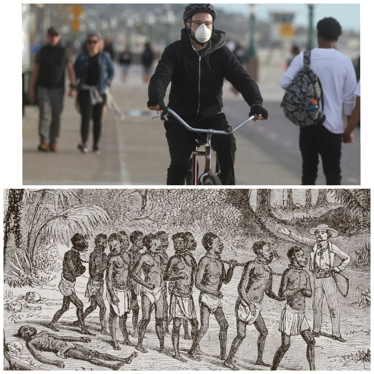 Top pic: a guy freely riding his bike with a mask on.Bottom pic: the trans-atlantic slave trade.Note: the bottom pic is there the oppression and tyranny happened.