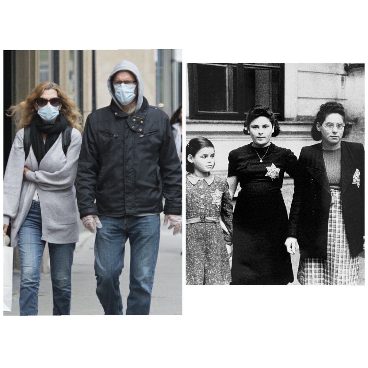 Left pic: a couple on a walk wearing masksRight pic: ghettoized Jews being confined prior to the Holocaust to exterminate them.Note: 6,000,000 were killed. As far as I know, wearing a mask on one's face has kill 0 people.