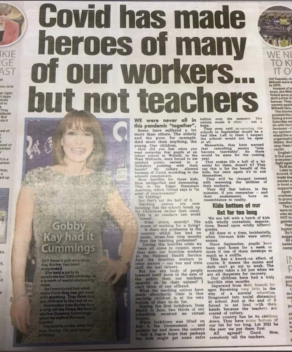 historytime99's tweet photo. Articles like this from the Sun are very unfair. We aren’t teachers. My wife works for the NHS and worked long, hard hours during and still due to covid. But she couldn’t have done her job without the key worker provision for our girls provided by teachers.

Thank you 🙏 https://t.co/YaiG3gbqTq