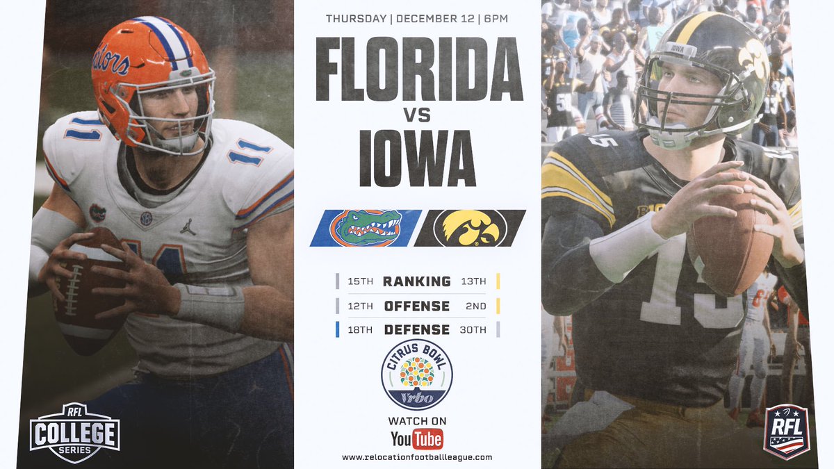 RFL_Sim_League's tweet photo. RFLCS Bowl Week continues on as #15 Florida takes on #13 Iowa in the Citrus Bow at 6pm ET, followed by #19 Wisconsin vs #16 Oregon in the Red Box Bowl at 8pm ET! Who Ya Got? #RFL #NCAAFootball #CitrusBowl #RedBoxBowl #Madden #Madden21 #Esports https://t.co/EYusNgMywD