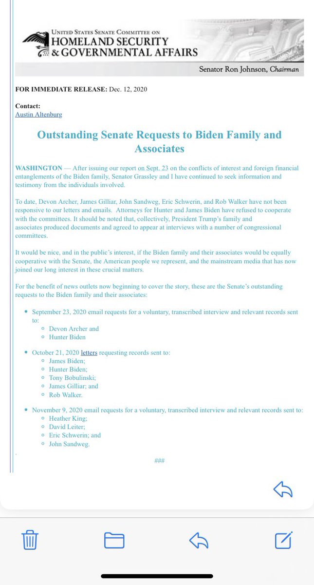C__Herridge's tweet photo. #HunterBiden Senators @ChuckGrassley @SenRonJohnson “Attorneys for Hunter + James Biden have refused to cooperate with the committees. It should be noted that, collectively, President Trump’s family + associates produced documents + agreed to appear at interviews...” @CBSNews https://t.co/tjQ3xuLEr3