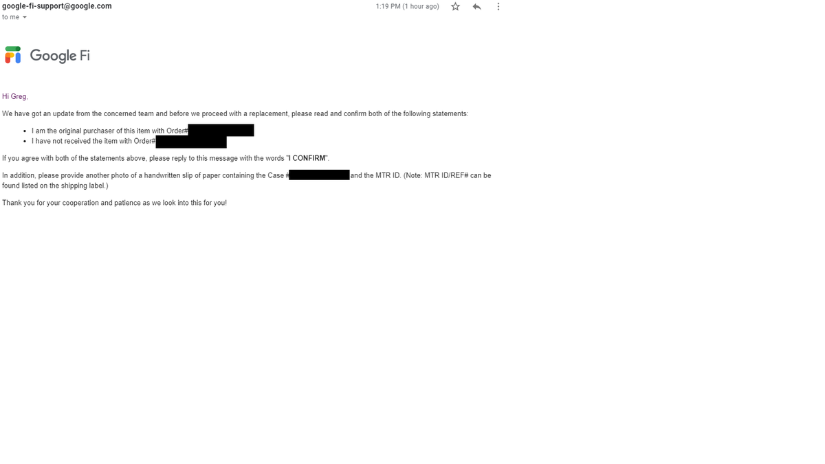 gadams00's tweet photo. I ordered a pixel 4a on 11/25, received an empty box via ontrac on 11/29. I've spent the last 2 weeks dealing with @googlefi, who refuse to ship a replacement until they complete an "investigation". Now I think they're pranking me. A handwritten note? WTF #badcustomerservice https://t.co/f6V6rpqOuY