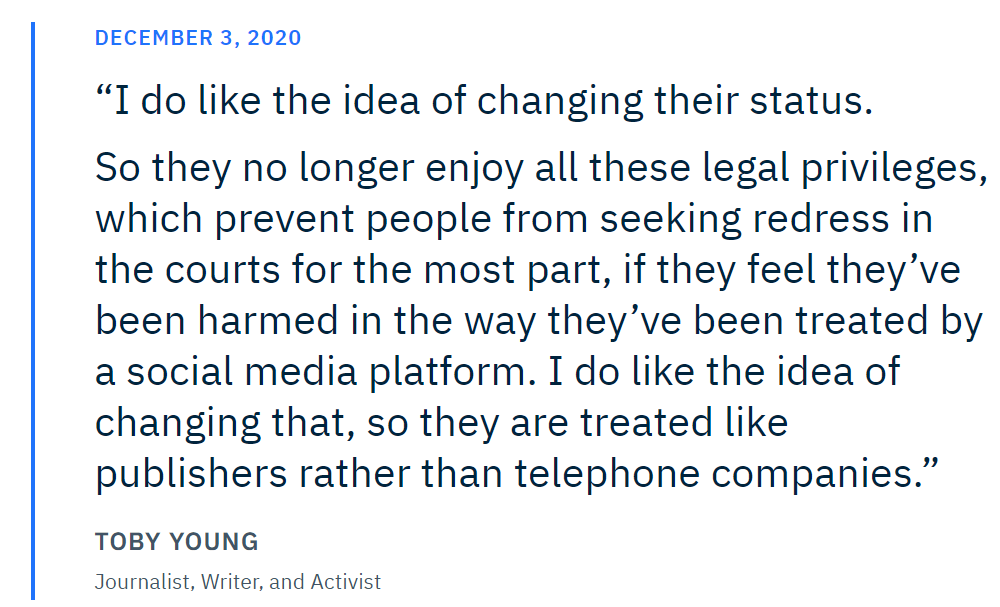 maxdarachi's tweet image. FREE SPEECH POST-CORONAVIRUS: MUST REPEAL BIG TECH’S SECTION 230 LIABILITY SHIELD — TOBY YOUNG, dryburgh.com/toby-young-sec… #BigTech #Censorship2020 #FreeSpeeech @toadmeister @SpeechUnion