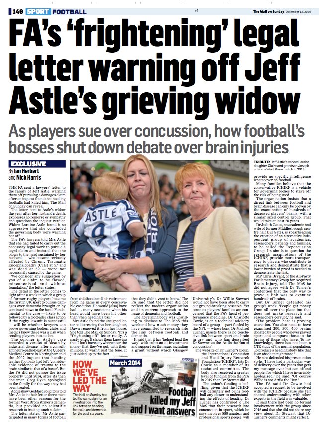 Same piece also looks at some of the, erm, complexities, of different bodies "studying" this, and who funds them, or doesn't.  @WillStewNeuro doing amazing work. And  @sam_sportsnews putting in the hard yards for a long time. 5/5 https://www.mailonsunday.co.uk/sport/football/article-9047175/FA-sent-legal-letter-warning-family-Jeff-Astle-not-pursue-damages-claim.html