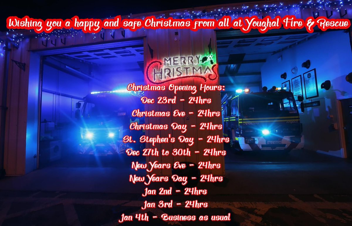 Just in case you need us over the Christmas period, here are our opening hours. In an emergency, call 999/112 and we will be here for you. Enjoy yourselves and be safe. <a href="/corkcountyfire/">Cork County Fire Service</a> <a href="/Corkcoco/">Cork County Council</a> <a href="/FireIreland/">Fire-Ireland.com</a> <a href="/CorkSafetyAlert/">Cork Safety Alerts</a> #Christmas