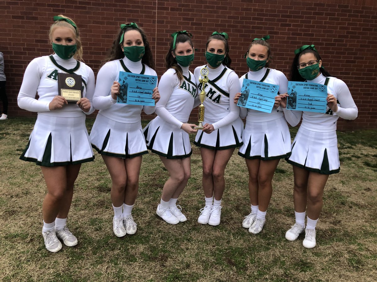 AlmaCheer_'s tweet photo. Hands up 🙌🏽 if you’re excited for state! These girls killed it today at our last regional competition. Two 1st places, a 2nd place, and a 3rd place. Only 7 more days until we compete for the last time this year!!! #countdowntostate #only1airedale https://t.co/c0VE12jR41
