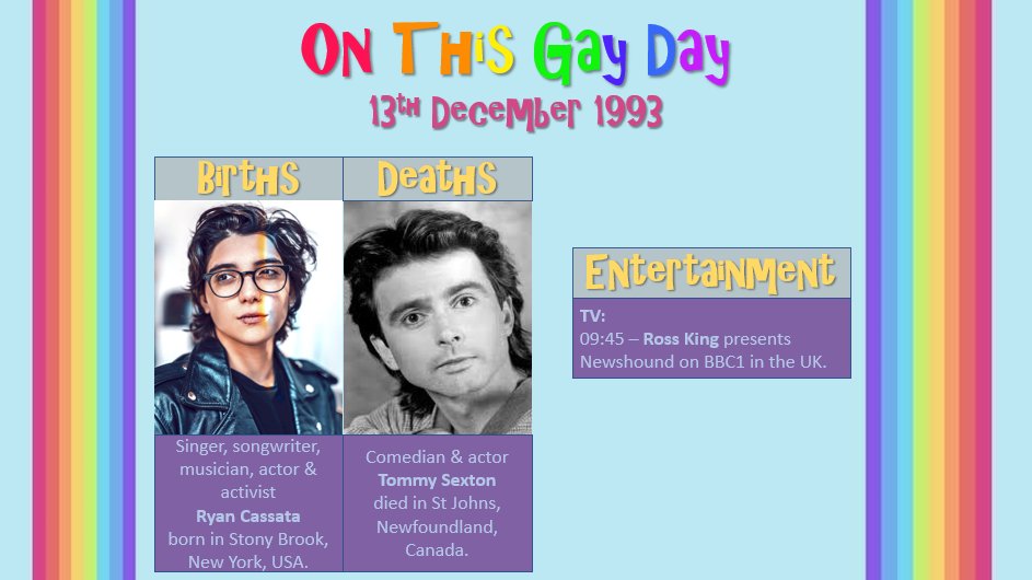 13th December 1993 in #QueerHistory....
#RyanCassata #StonyBrook #NewYork #TommySexton #StJohns #Newfoundland #Canada #RossKing #BBC1 #LGBT #LGBTQIA #OnThisGayDay #QueerStory