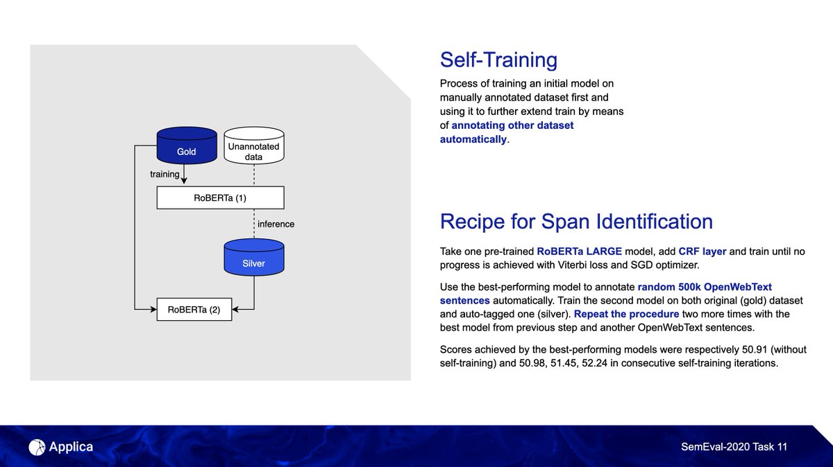 We approached the Span Identification problem as a sequence labeling and used the RoBERTa model with the Conditional Random Field layer. Our initial model trained on a manually annotated dataset was used to extend the train set by annotating other articles automatically.