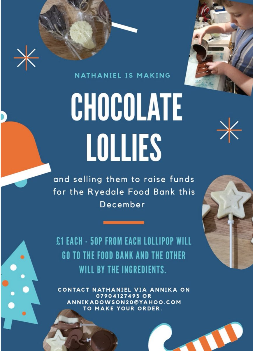 annikadowson's tweet photo. Nathaniel is still taking orders for Chocolate lollies half of the sales money is going to the @RyedaleFoodbank.
So far he has made and sold 166... We would love to get him to the 200 mark before Christmas if possible.
#9yearsold #charity #suportingthecommunity
@VisitHelmsley https://t.co/sBMw5ohU7h