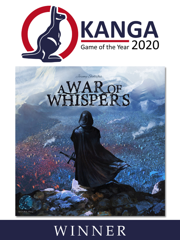 KangaAwards's tweet photo. Game of the Year goes to A War of Whispers. The Judges were impressed with the tactical balance of the game. Players really do feel like they are working in the shadows.  Australian involvement includes Dann May on Art Direction and Graphic Design, as well as Game Development. https://t.co/SGbMBIPSEm